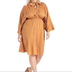Eloquii Beige Kimono Sleeve Tie Neck Elastic Waist Viscose Linen Midi Dress 1X
